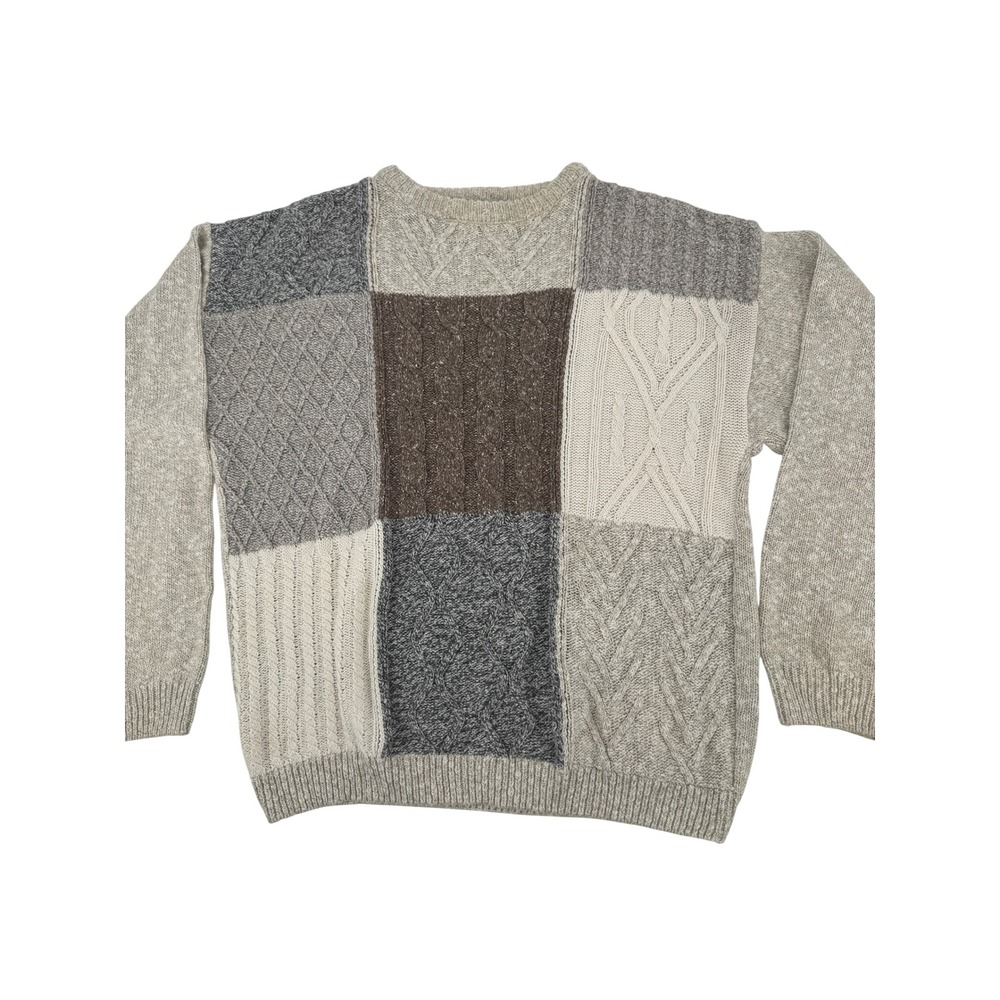 Orvis Patchwork Cable Knit Sweater Mens L Vintage Multicolor Earth Tone USA Made